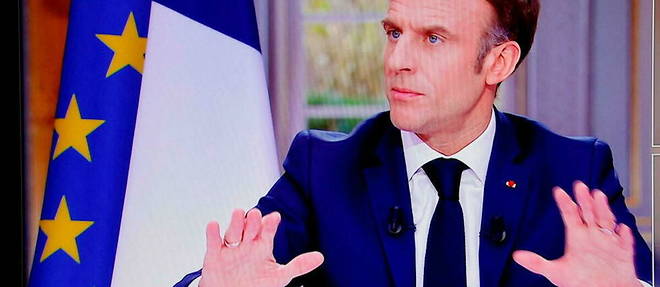 President Emmanuel Macron during his interview with journalists from TF1 and France Televisions, live from the Elysee Palace, Wednesday March 22, 2023.
