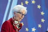 Christine Lagarde, presidente de la Banque centrale europeenne, lors d'une conference de presse au siege de la BCE, a Francfort-sur-le-Main (Allemagne), le 16 mars 2023.
