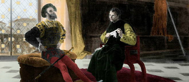 La premiere entrevue de Nicolas Machiavel et Cesar Borgia (gravure d'apres le tableau de Federico Faruffini).
