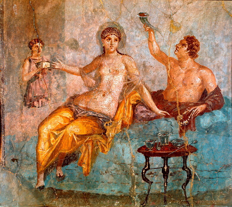 Scene de banquet provenant d'une fresque romaine du quatrieme style pompeien provenant du site archeologique d'Herculanum