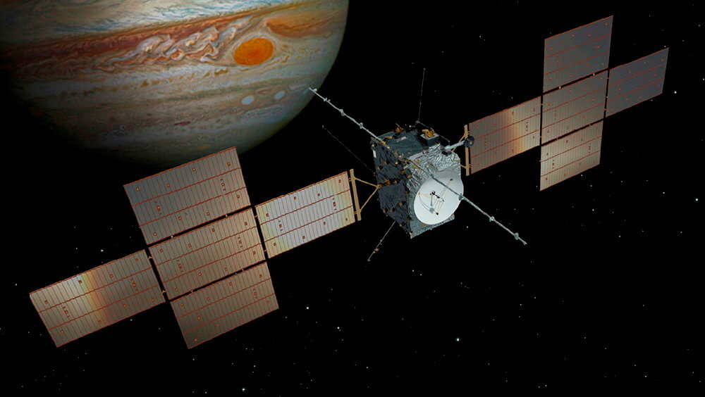 
Secrets. La sonde Juice part en expedition vers Jupiter pour tenter de percer les mysteres de ses satellites &ndash; Callisto, Ganymede et Europe &ndash;, potentiellement propices a la vie (photomontage).
