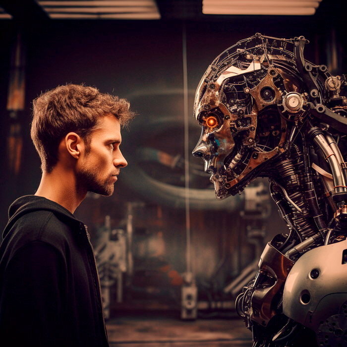 Man facing artificial intelligence.  An Image generated by the Midjourney software.