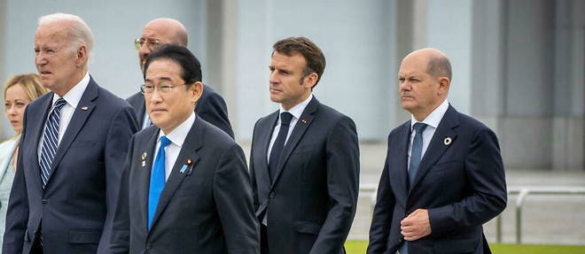 Olaf Scholz, Emmanuel Macron, Charles Michel, Giorgia Meloni, Joe Biden et Fumio Kishida lors de l'ouverture du sommet du G7 a Hiroshima, vendredi 19 mai.

