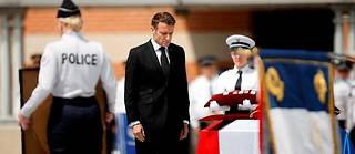  Roubaix, 25 mai. Emmanuel Macron assiste aux obsèques de l’un des trois jeunes policiers tués par un chauffard à Villeneuve-d’Ascq.  ©YOAN VALAT