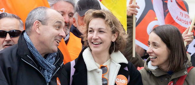 Marylise Leon, aux cotes de Laurent Berger et Sophie Binet (CGT), lors d'une manifestation contre la reforme des retraites.
