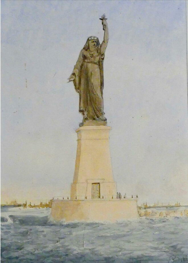 Frédéric Auguste Bartholdi, <i>La Liberté éclairant l'Orient</i> ou <i>L’Égypte éclairant l’Orient</i>, 1869, aquarelle, musée Bartholdi, Colmar.
  
