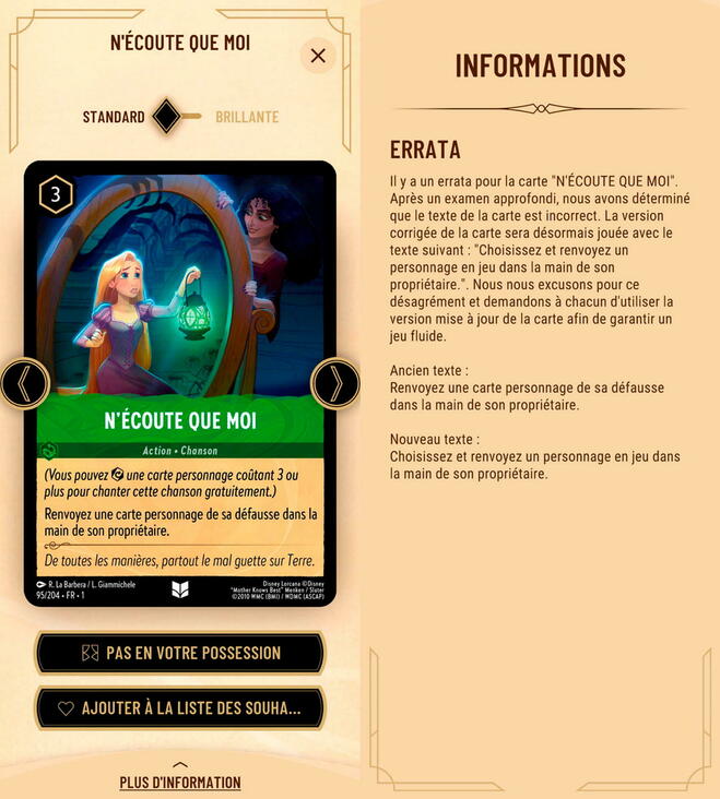 Screenshots extraits de l'application officielle Disney Lorcana TCG, version française.
 ©  © Ravensburger © Disney"