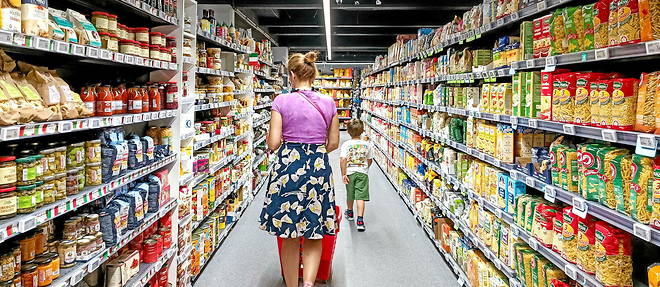 A supermarket in France, September 9, 2023. The share of expenditure devoted to food (excluding alcoholic beverages) in France was 14.1% in 2021. 
