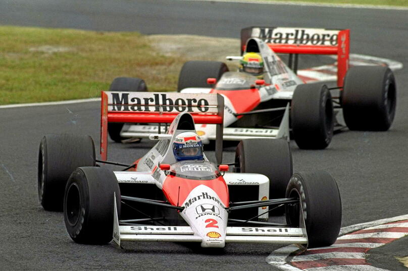 Alain Prost et Ayrton Senna, le 22 octobre 1989 sur le circuit japonais de Suzuka, lors d'une course qui allait sceller leur rivalité légendaire.
©  Tsugufumi Matsumoto - AP - Sipa