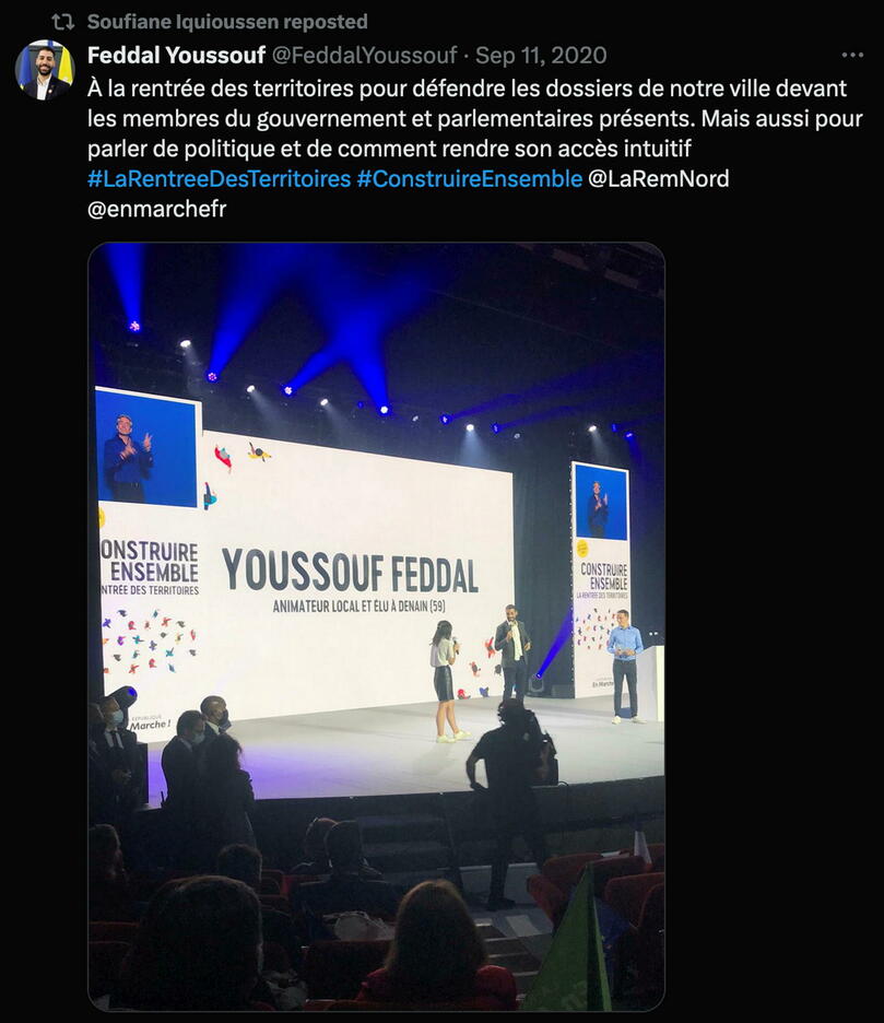 Mis en vedette comme représentant de la diversité par le mouvement En marche ! lors d'une convention dans le Nord en 2020, Youssouf Feddal est désormais représentant de LFI dans sa commune. Capture d'écran du compte Twitter de son ami Soufiane Iquioussen.
©  capture d’écran X