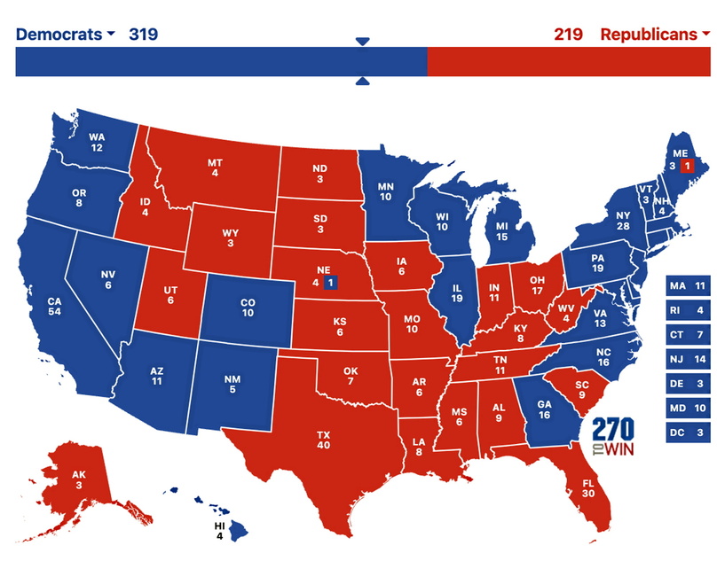 Si Harris remporte les 7 swing states, elle s'imposerait 319-219 au collège électoral.
©  270towin.com