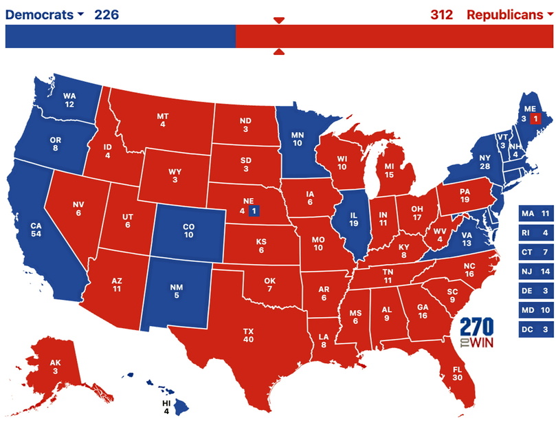 Si Donald Trump remporte les 7 swing states, il s'imposerait 312-226 au collège électoral.
©  270towin.com