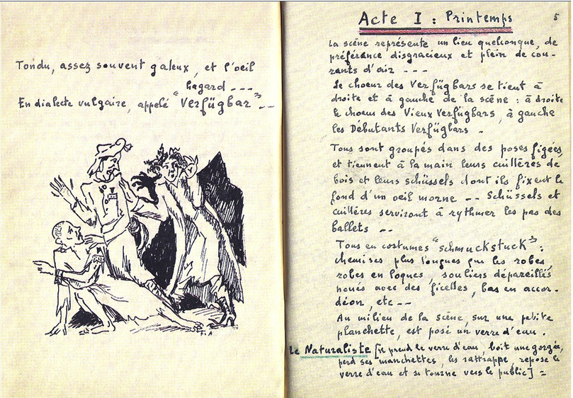 Manuscrit original du <i>Verfügbar aux Enfers, </i>opérette écrite par Germaine Tillion en 1944, à Ravensbrück. 
 ©  @ Germaine Tillion/Musée de la Résistance et de la Déportation de Besançon